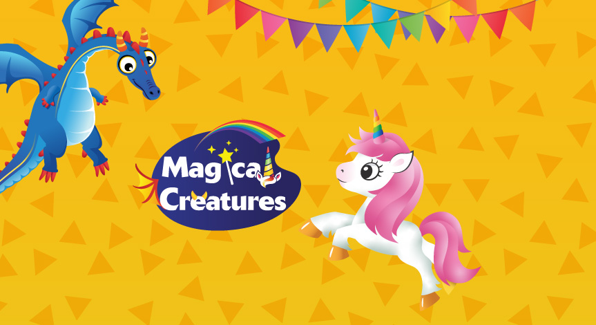 An illustration of a blue dragon and a white and pink unicorn surrounding the Magical Creatures logo